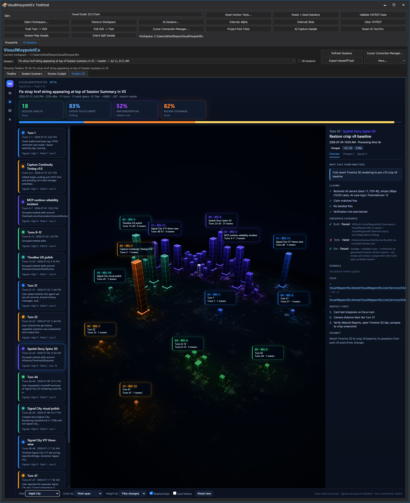 Full Visual Waypoint Night City interface capture with illuminated towers, controls, legend, and selected Turn inspector.