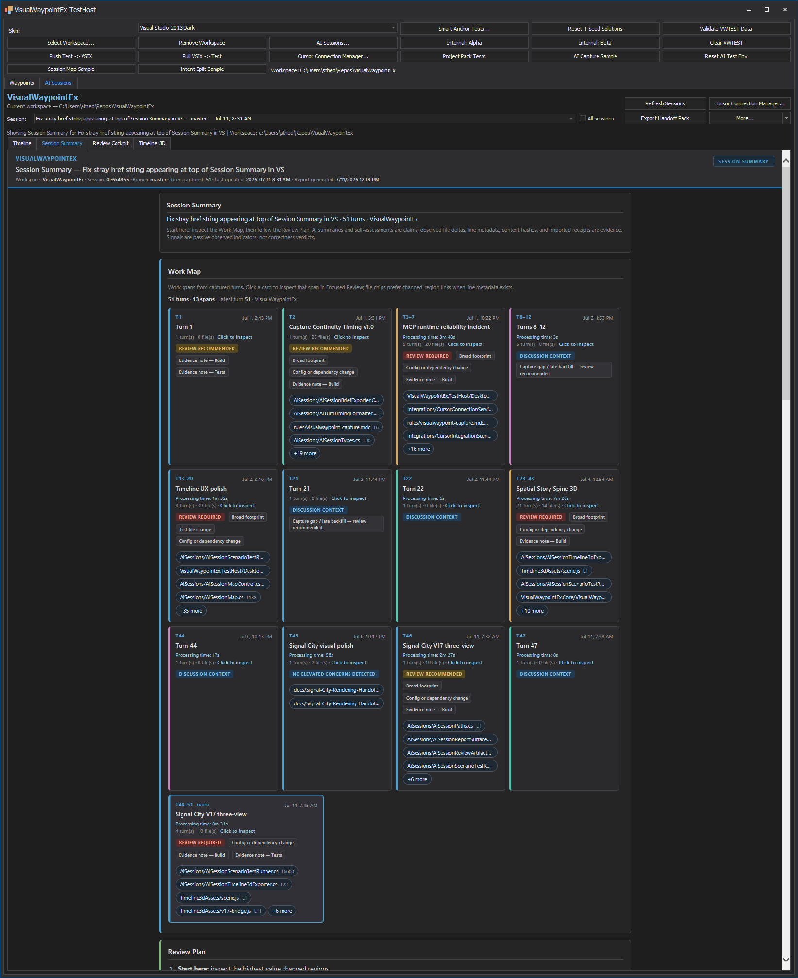 Full Visual Waypoint Session Summary capture showing a Work Map of colorful Work Span cards and a review plan.