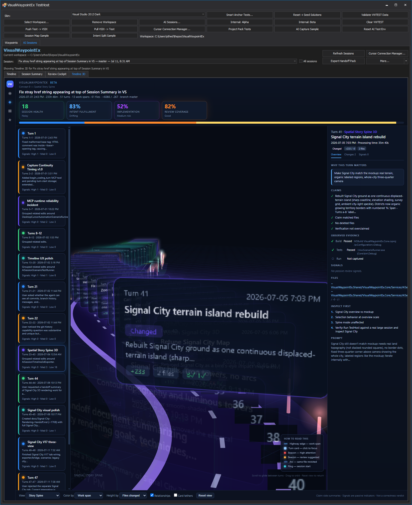Full Visual Waypoint Timeline 3D highway capture showing session work arranged along a three-dimensional route.