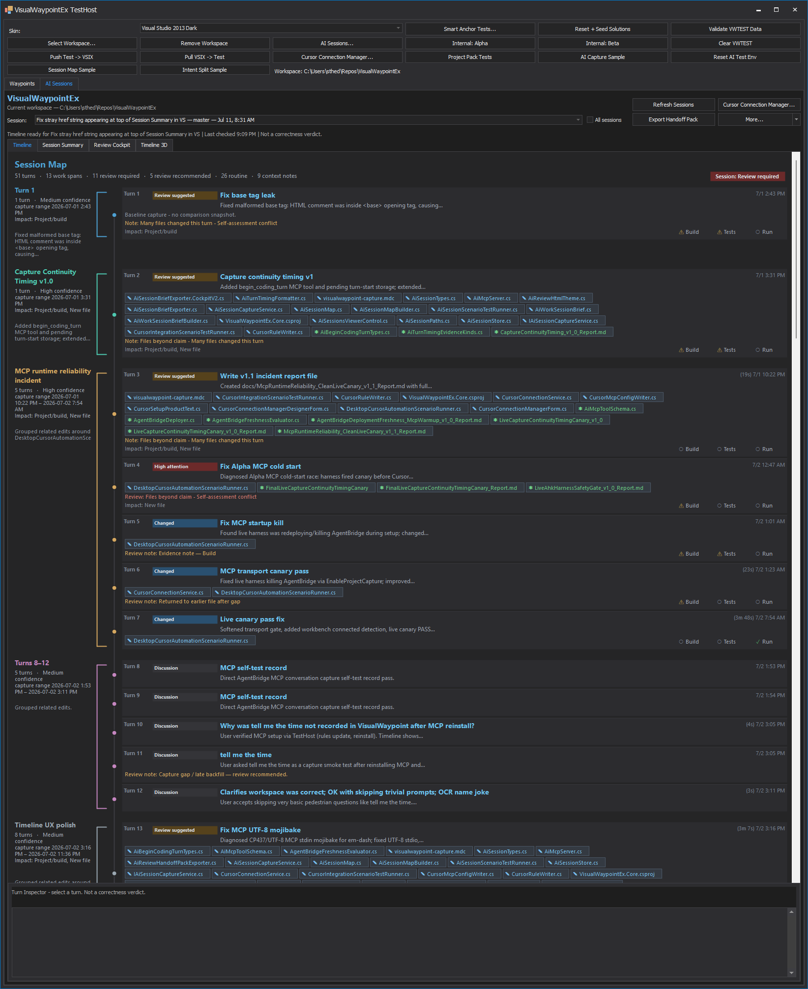 Full Visual Waypoint Timeline capture showing 51 turns grouped into colorful Work Spans with file references and review signals.