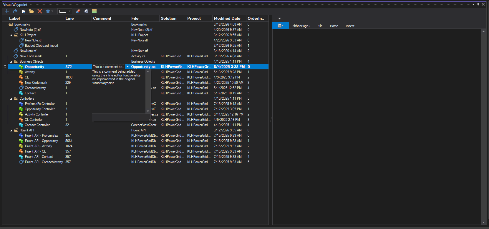 Historical Visual Waypoint product-lineage capture showing an inline Waypoint comment editor inside Visual Studio.