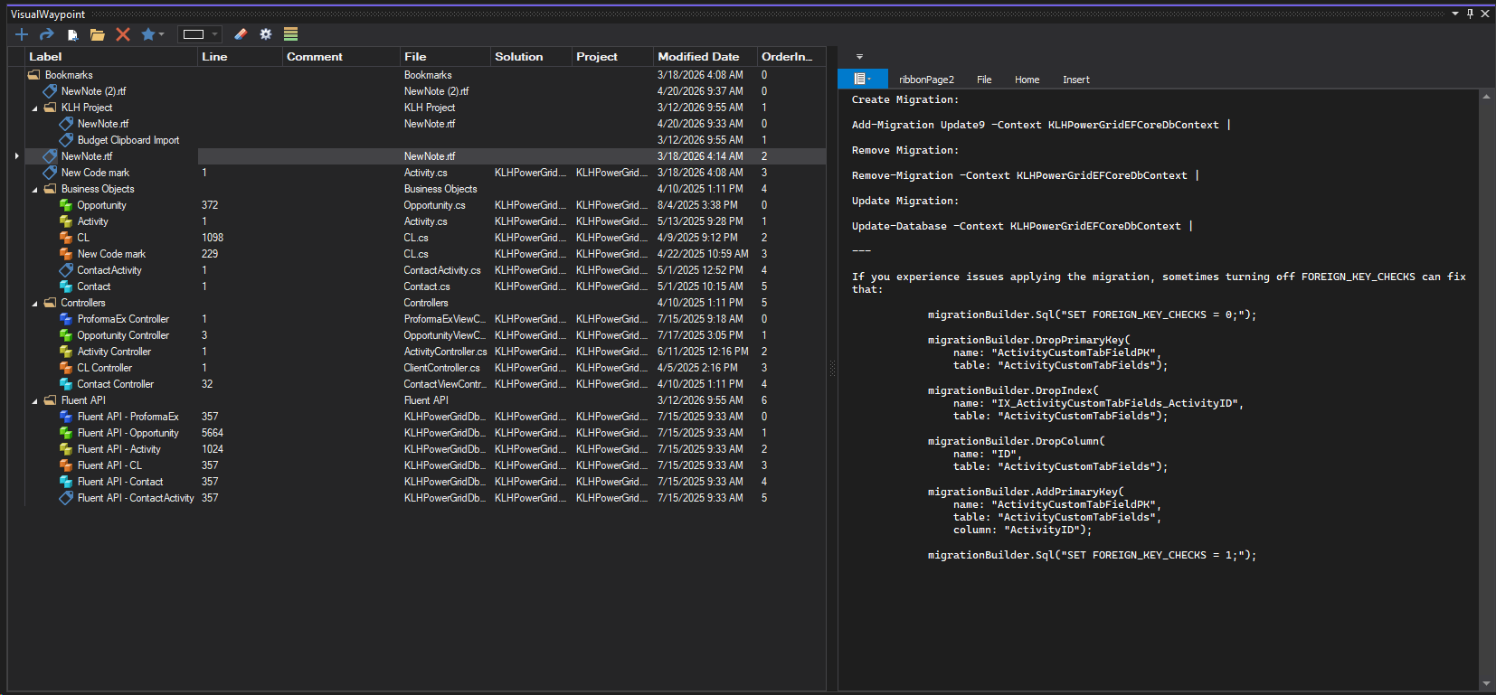 Historical Visual Waypoint product-lineage capture hosted in Visual Studio showing the Waypoint tree beside a rich-note pane.