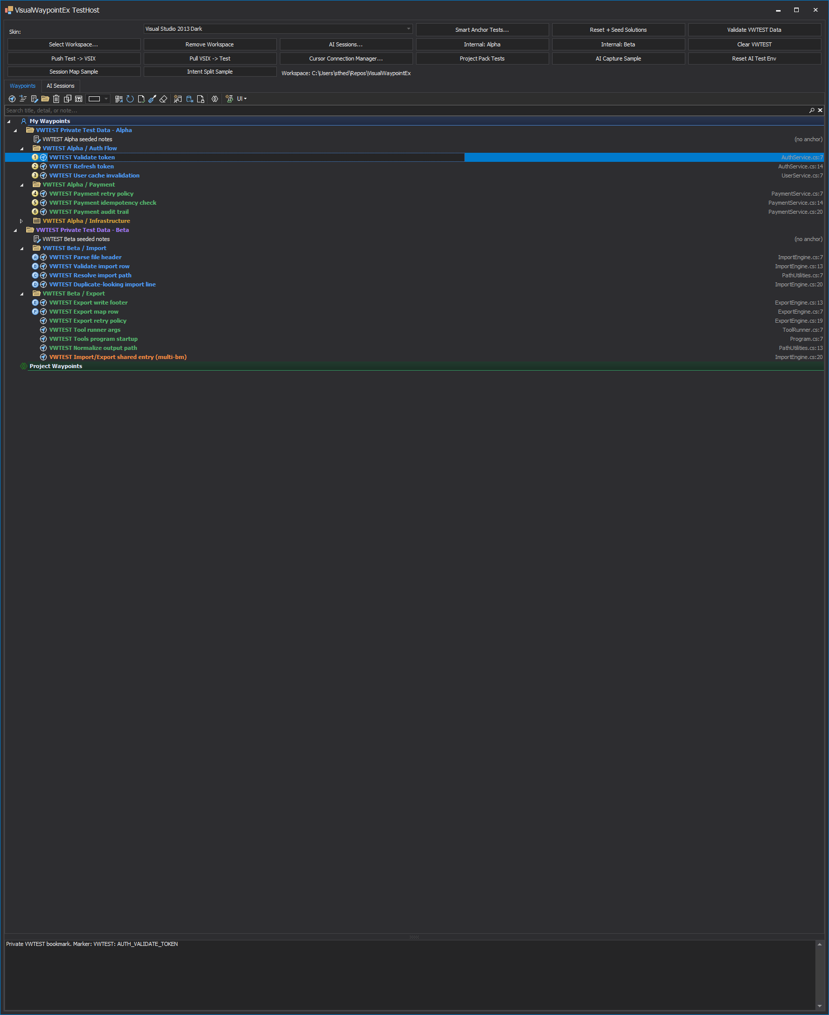 Full Visual Waypoint test-host capture showing private and project Waypoint trees populated with smart anchors and file locations.